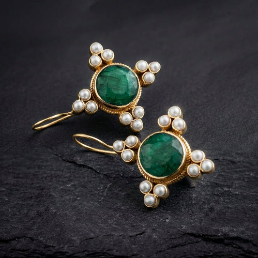 Vintage Green Crystal & Pearls Earrings