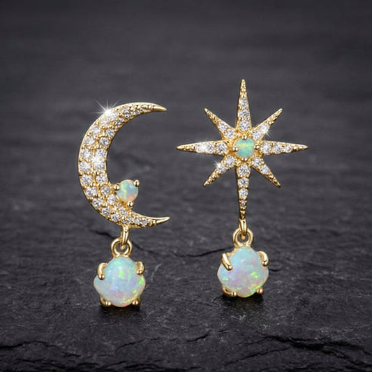 Moon And Star Earrings Made Of Gold And Opal