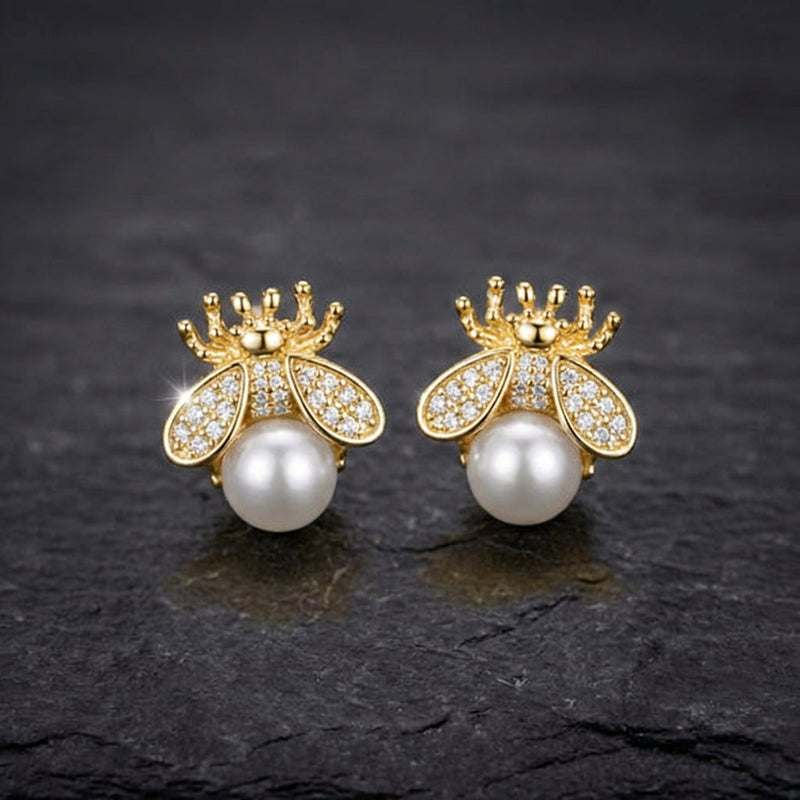 Pearl And Zirconia Bee Earrings In Gold