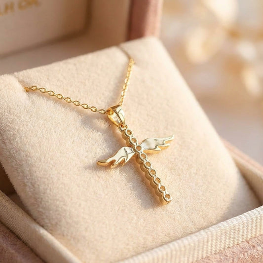 Gold Angelic Winged Cross Pendant Necklace