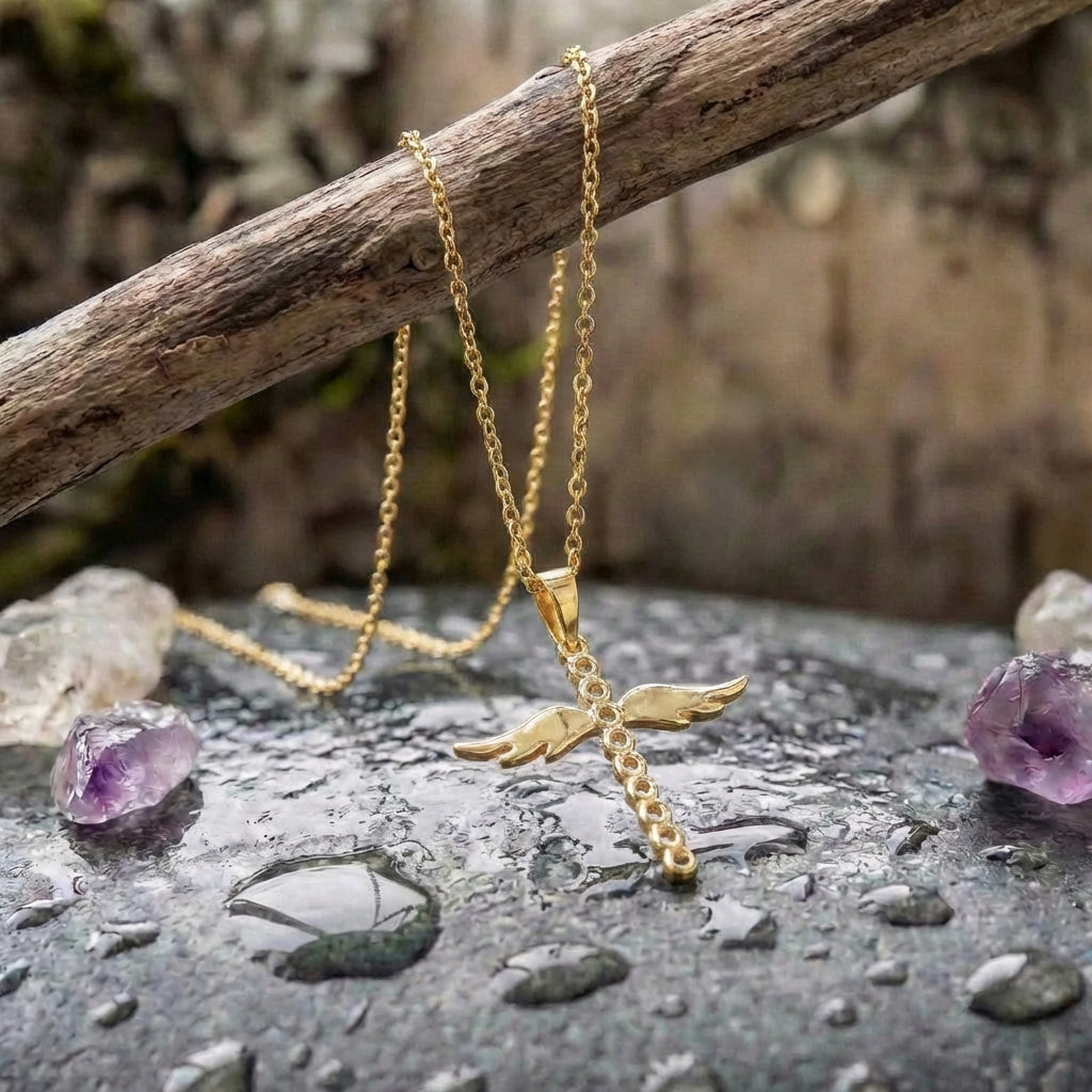 Gold Angelic Winged Cross Pendant Necklace