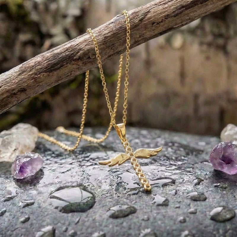 Gold Angelic Winged Cross Pendant Necklace