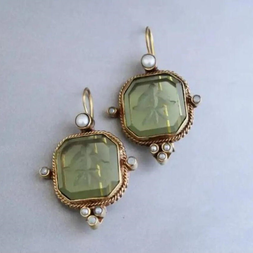 Vintage Blue Floral Engraved Gemstone Earrings