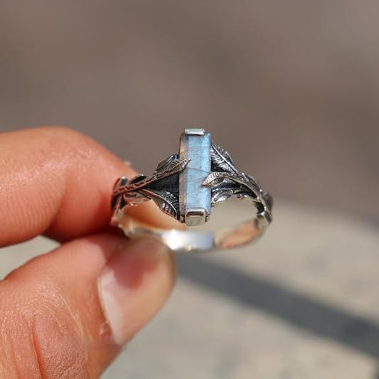 Rectangular Nature Green Silver Ring
