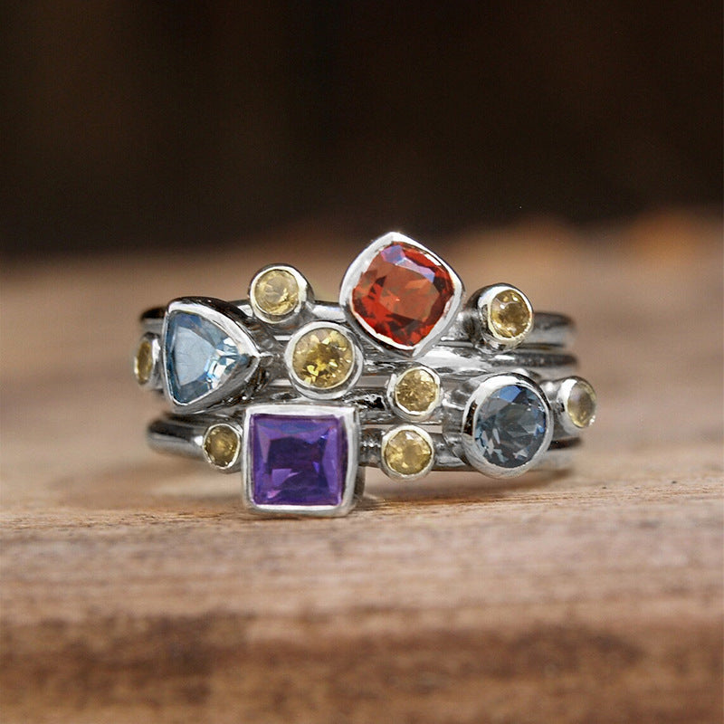 Vintage Colorful Inlaid Crystals Gold Ring