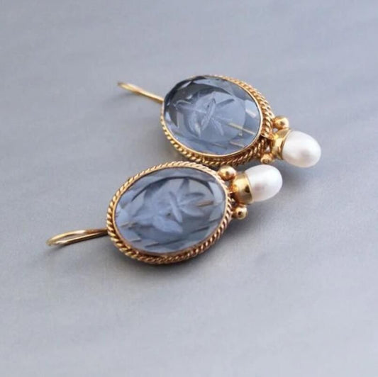 Vintage Blue Floral Engraved Gemstone Earrings