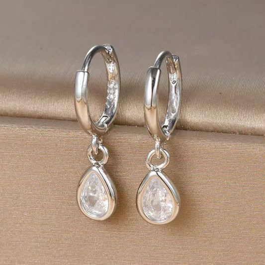 White Glass Rounded Silver Earrings