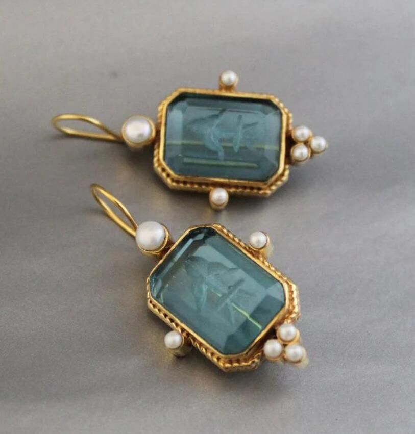 Vintage Blue Floral Engraved Gemstone Earrings