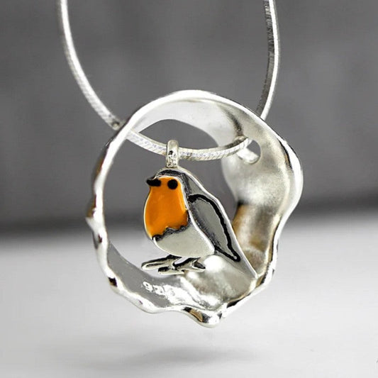 Vintage Artisan Silver Robin Bird Charm Necklace