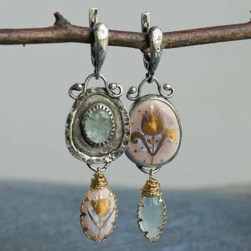 Elegant Art Nouveau-Inspired Gemstone & Enamel Earrings