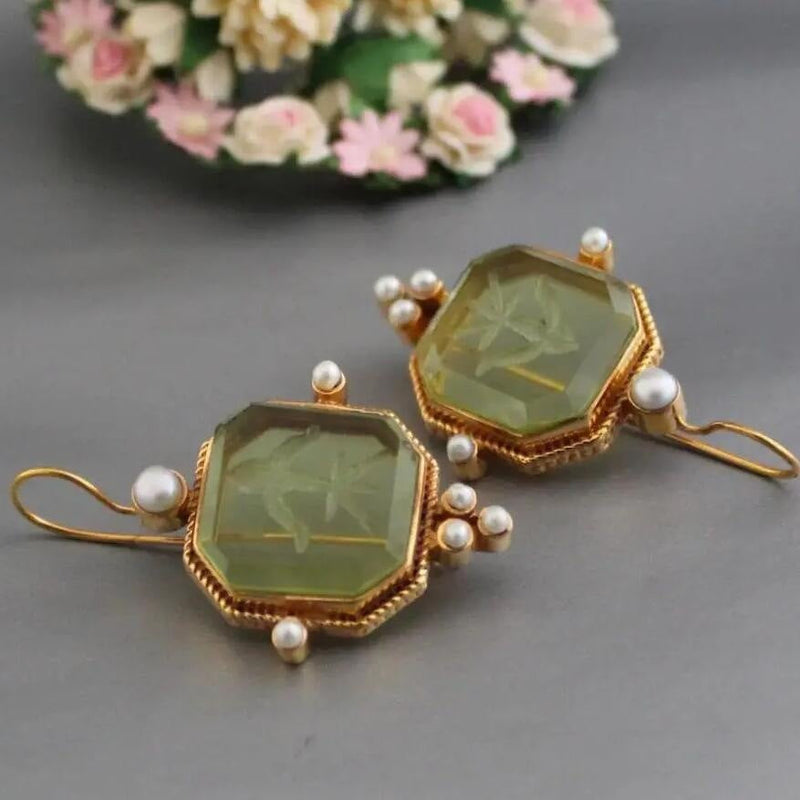 Vintage Blue Floral Engraved Gemstone Earrings