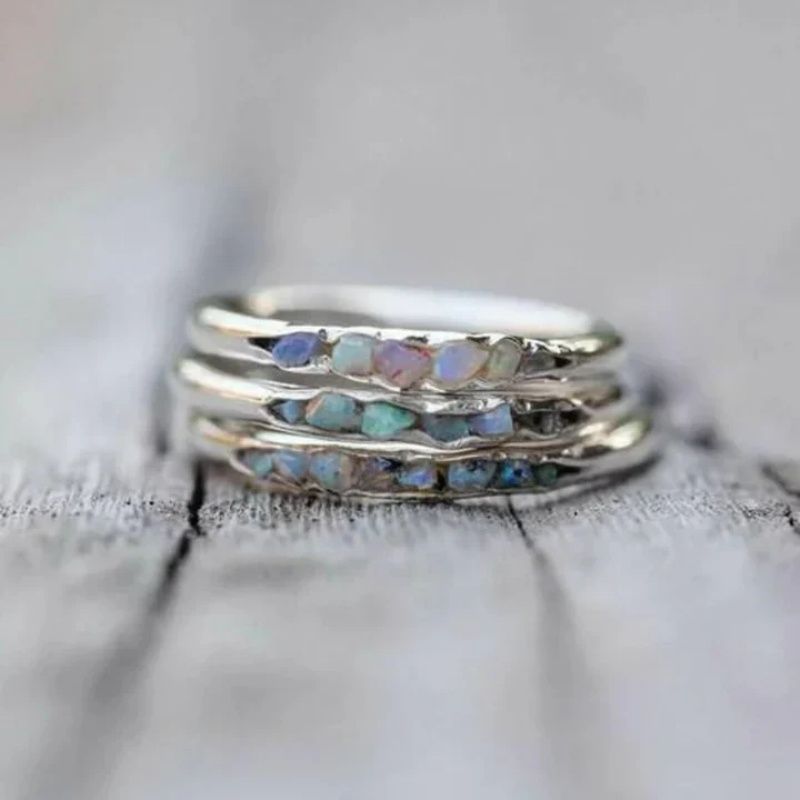 Vintage Boho Rustic Silver Opal Band Ring