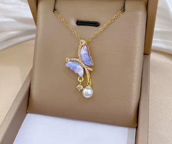 Purple Butterfly Pearl Necklace