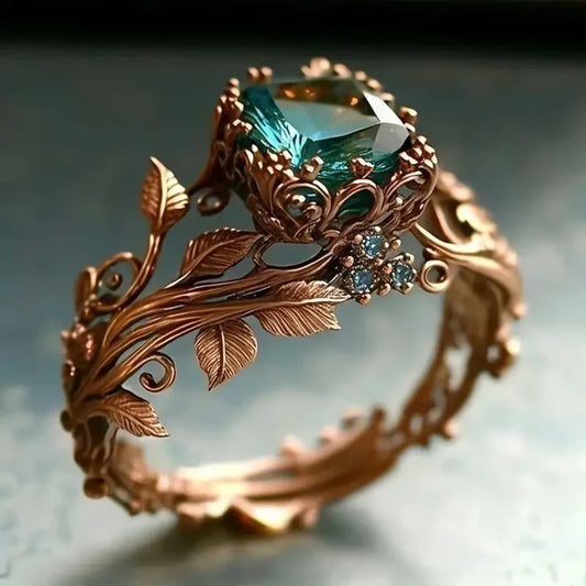 Rose Gold Teal Gem Botanical Leaf Ring Copy