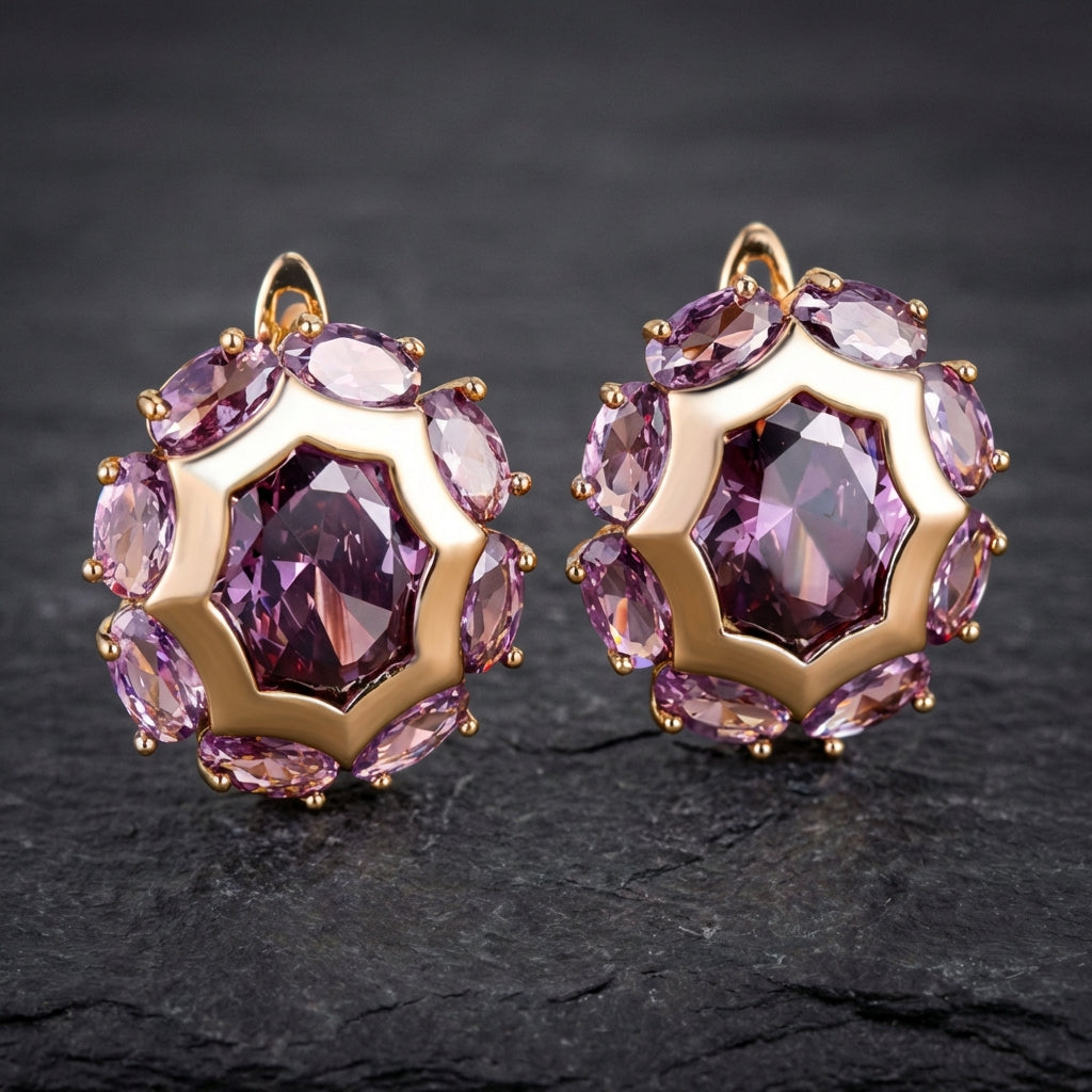 Rounded Violet Zirconia Gold Earrings