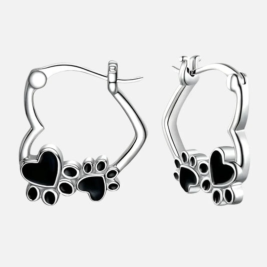 Heart Paw Huggie Earrings With Black Enamel