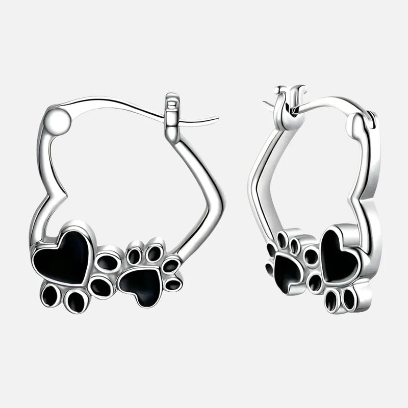Heart Paw Huggie Earrings With Black Enamel