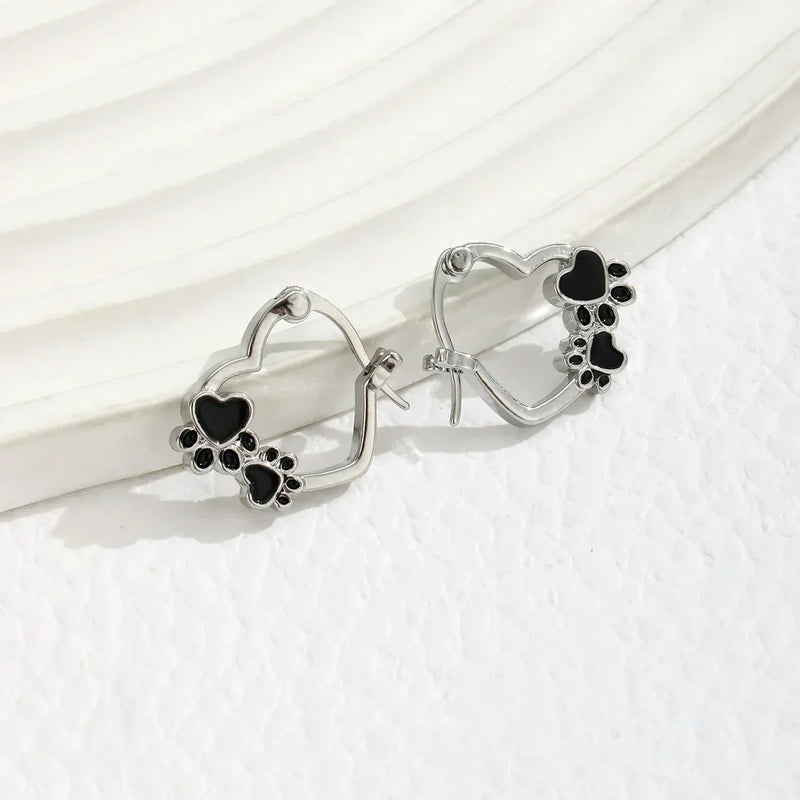 Heart Paw Huggie Earrings With Black Enamel