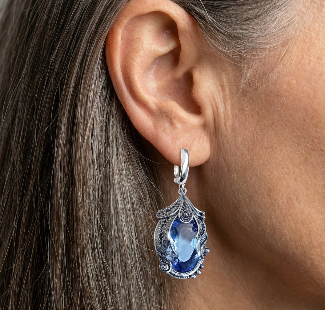 Silver Color Inlaid Blue Stone Earrings