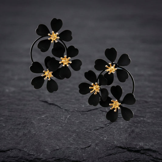 Vintage Black Flower Dangling Earrings