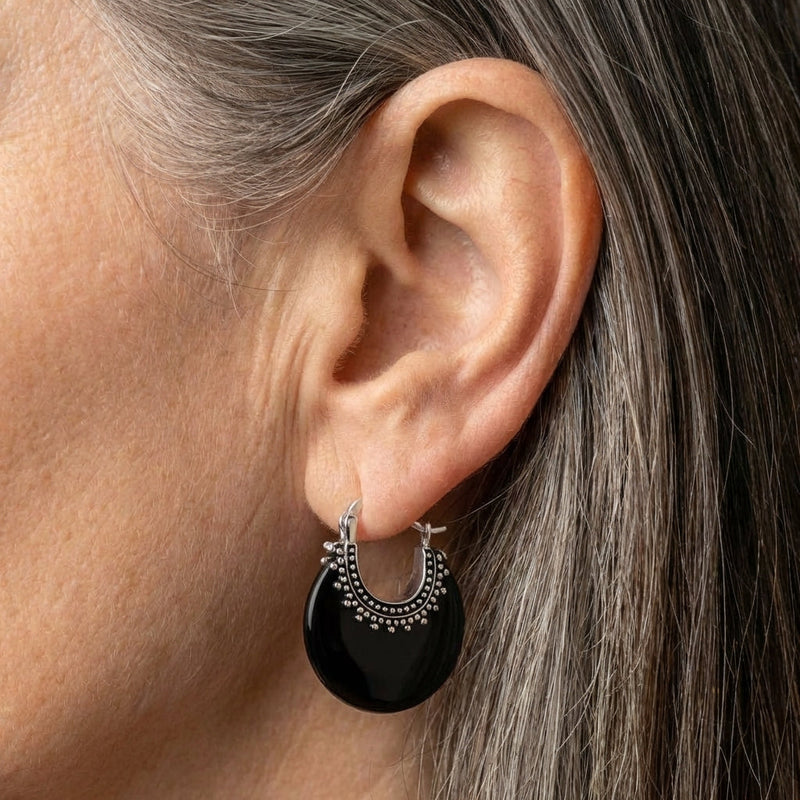 Vintage Black Onyx Hoop Earrings