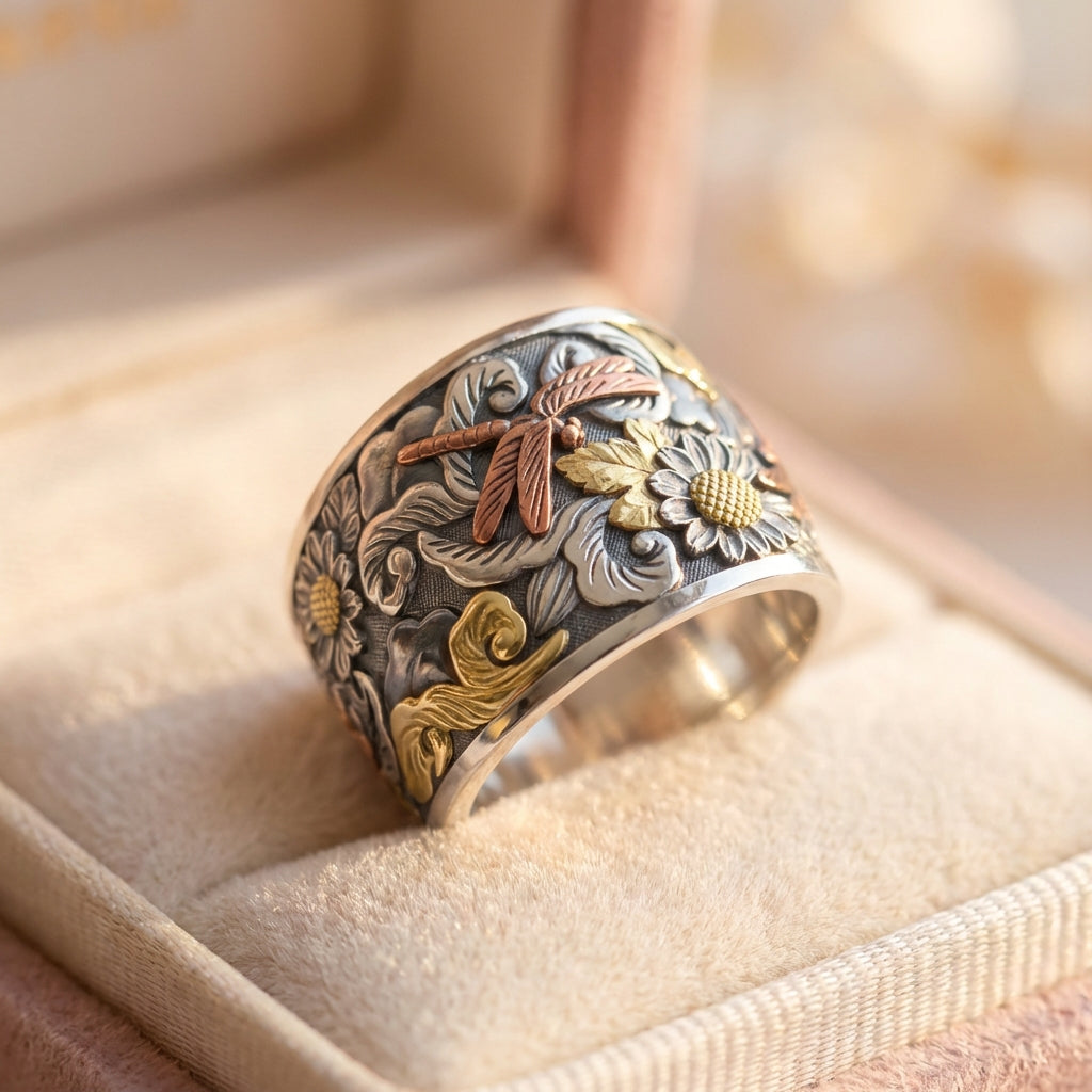 Vintage Dragonfly Flower Ring