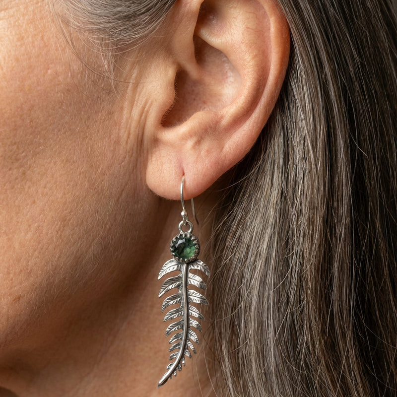 Vintage Feather Green Stone Earrings