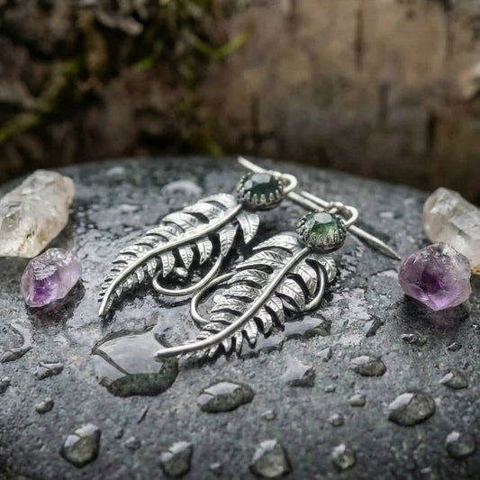 Vintage Feather Green Stone Earrings