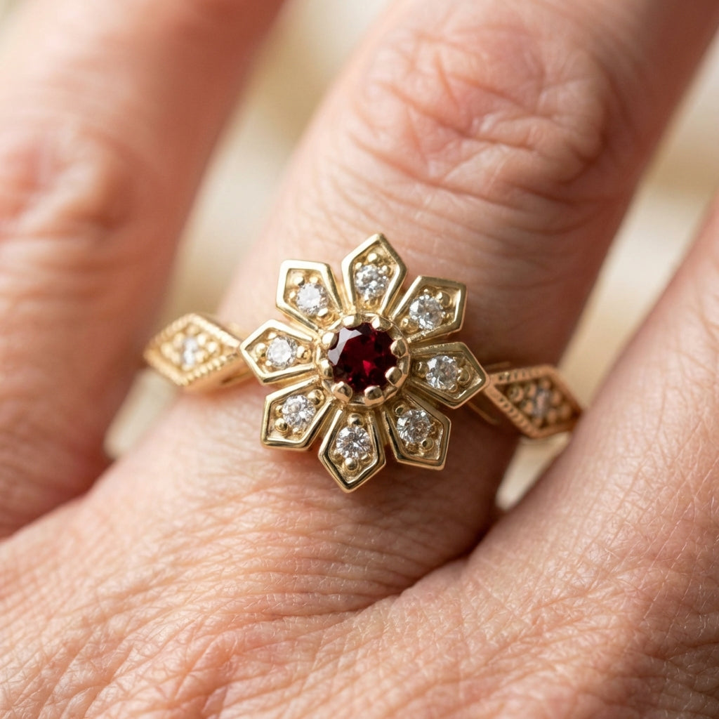 Vintage Flower Ruby Ring