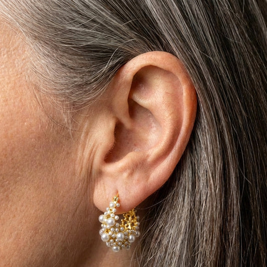 Vintage Gold Pearl Cluster Design Hoop Earrings