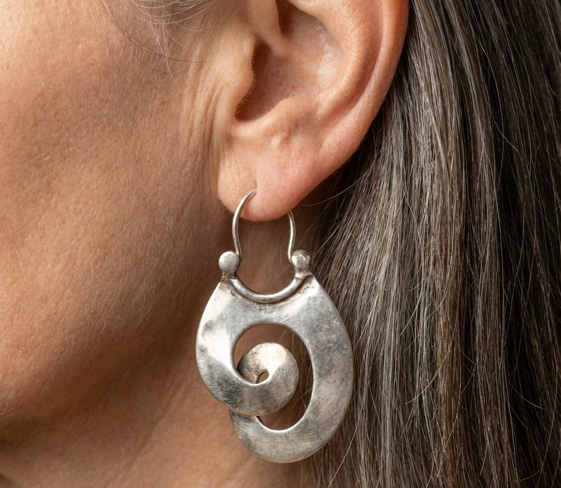 Vintage Gypsy Curl Silver Hoop Earrings