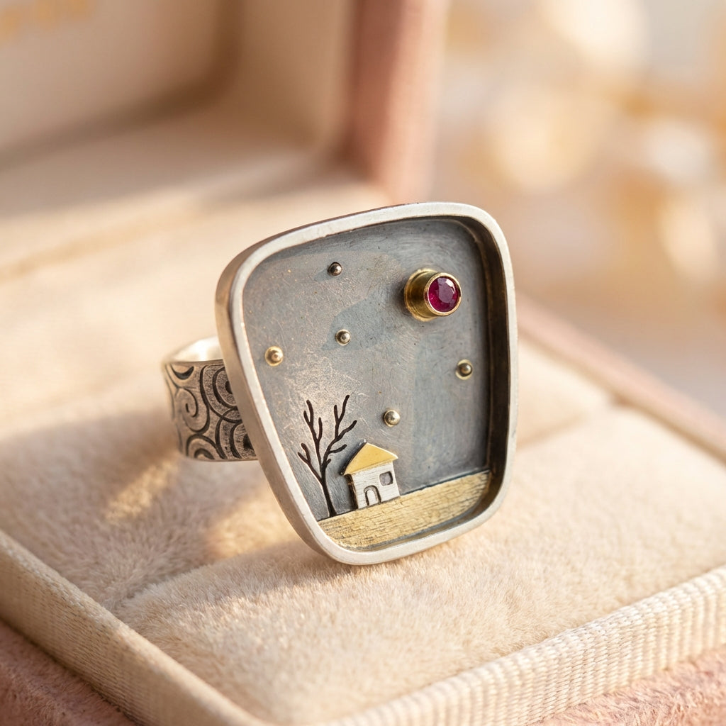 Vintage House Tree Sky Inlay Stone Ring