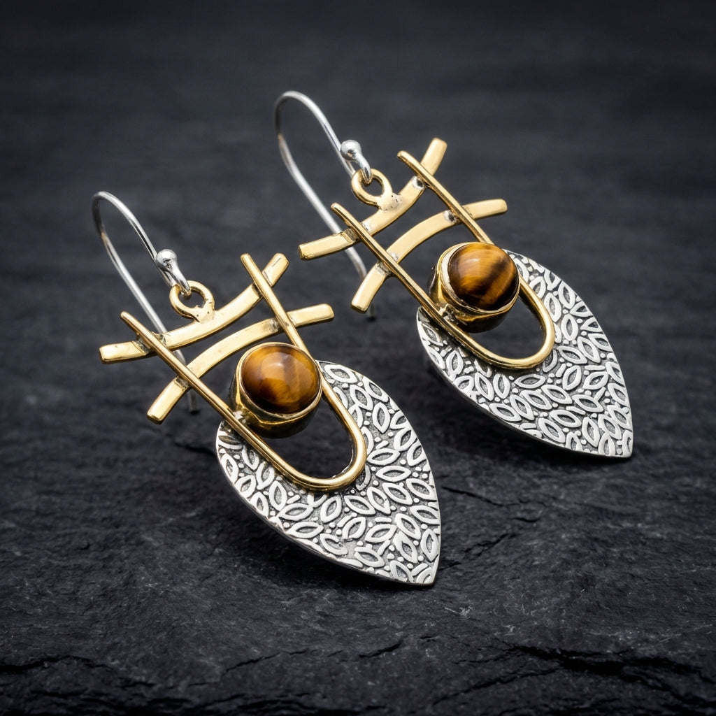 Vintage Orange Stone Gold & Silver Earrings