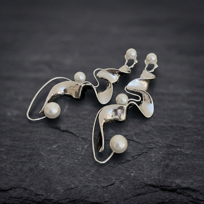 Vintage Pearl Abstract Silver Earrings