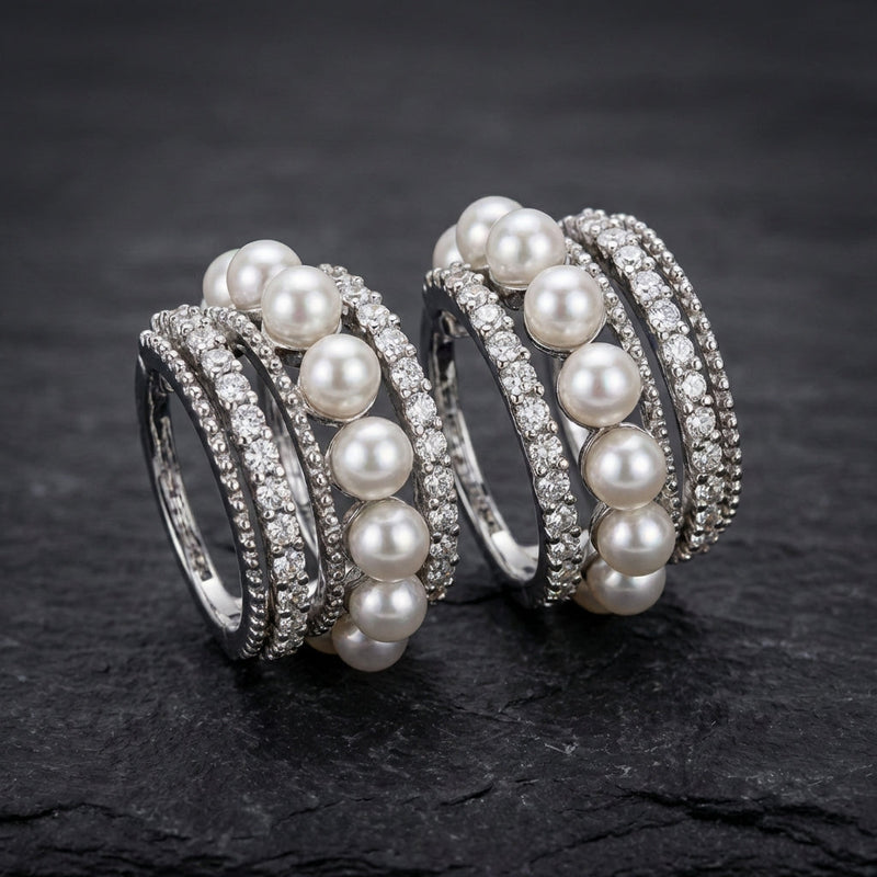 Vintage Pearl Inlaid Rhinestone Hoop Earrings
