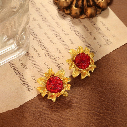 Vintage Red Sunflower Earrings