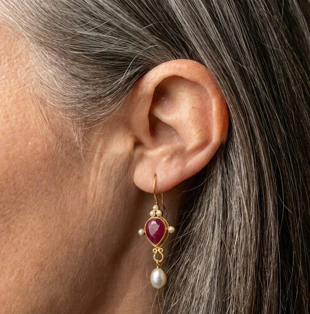 Vintage Ruby Pearl Earrings