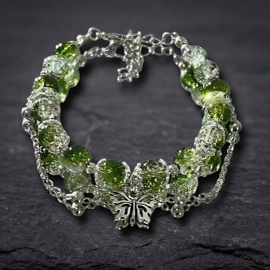 Vintage Silver Butterfly & Green Bead Bracelet