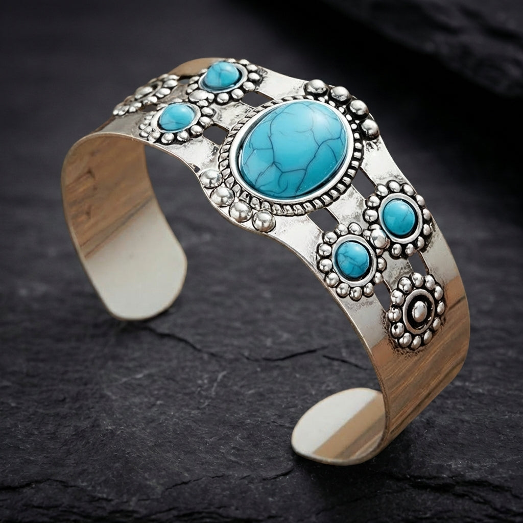 Vintage Silver Turquoise Open Adjustable Bracelet