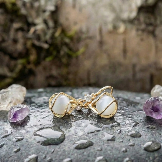 Vintage White Opal Dangling Golden Earrings