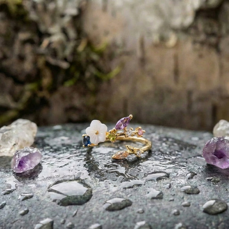 Wildflower With Colorful Zirconia Adjustable Ring In Gold