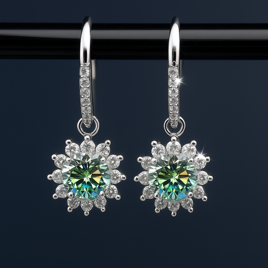 Silver 925 Snowflake Green Crystal Earrings