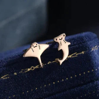 Mismatched Kawaii Hammerhead Shark And Manta Ray Stud Earrings