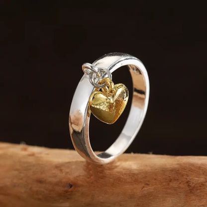 Vintage Dangling Gold Heart Silver Ring