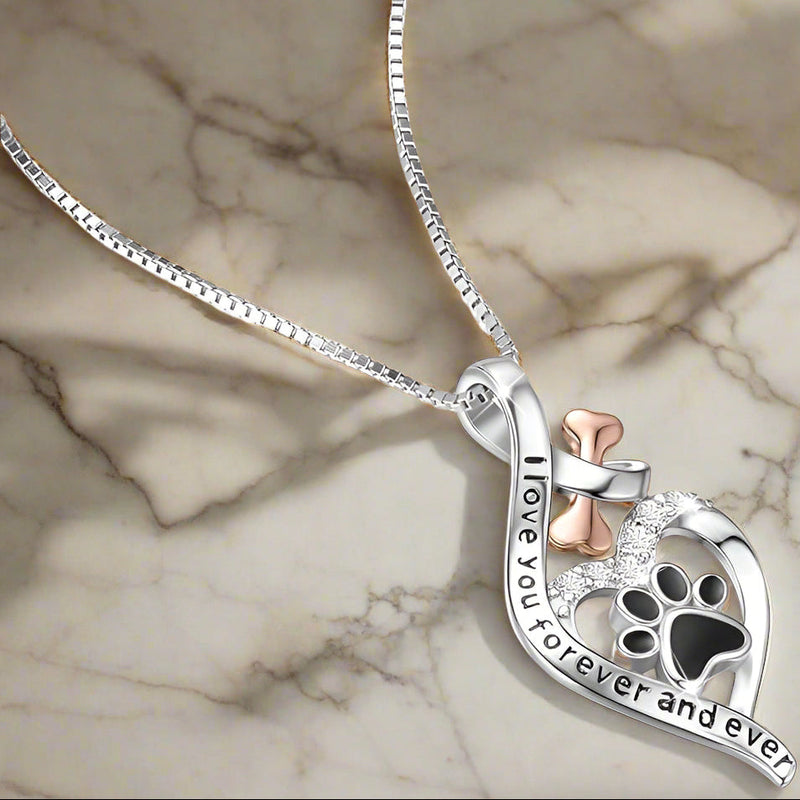 Lucky Paw Necklace With Heart, Bone & Infinity – “Always In My Heart” Pendant