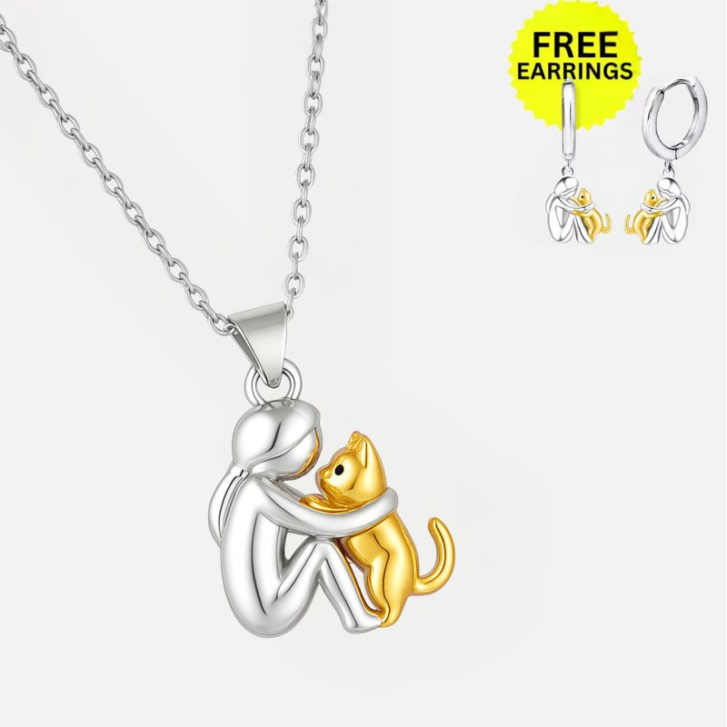 Cat Hug Pendant Necklace With Bonus Earrings – Offer