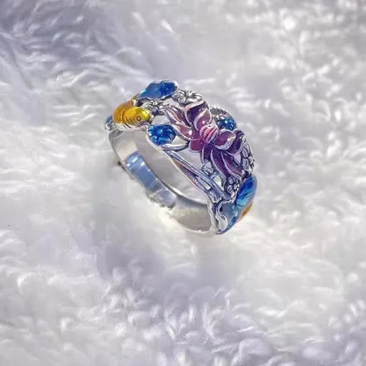 Elegant Blue Enamel Flower Ring