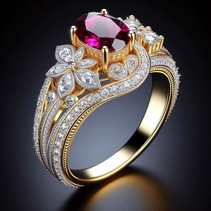 Exotic Garnet Crystal Blossom Gold Ring