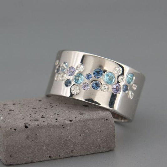 Vintage Inlaid Blue Crystals Silver Ring
