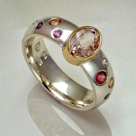 Vintage Colorful Inlaid Crystals Silver Ring
